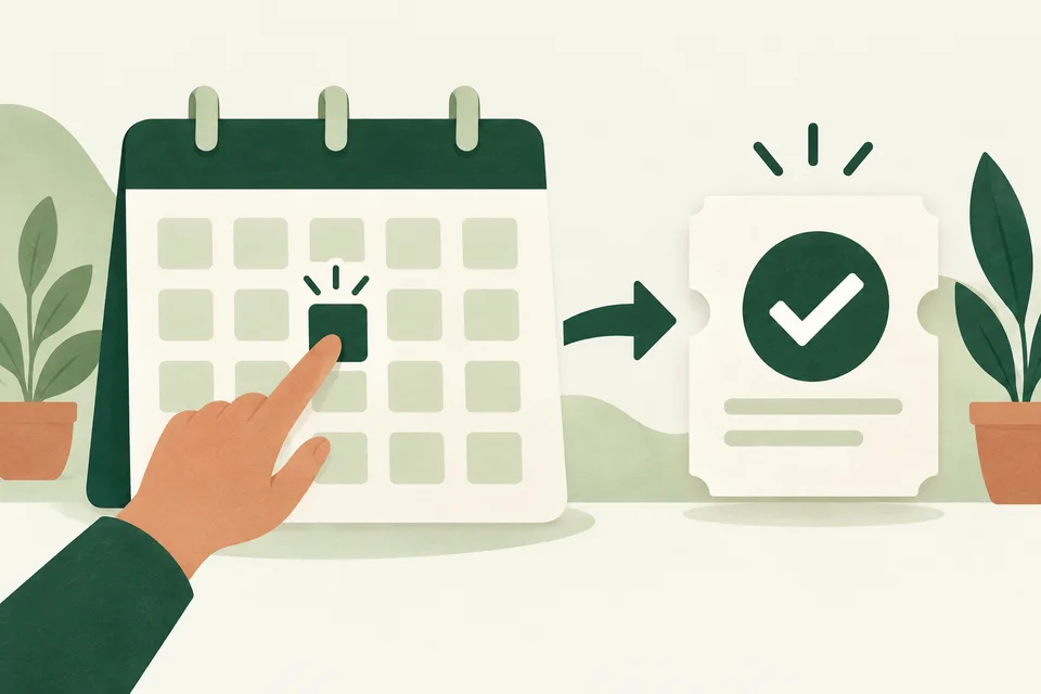 A selected calendar date leads to a confirmed appointment.